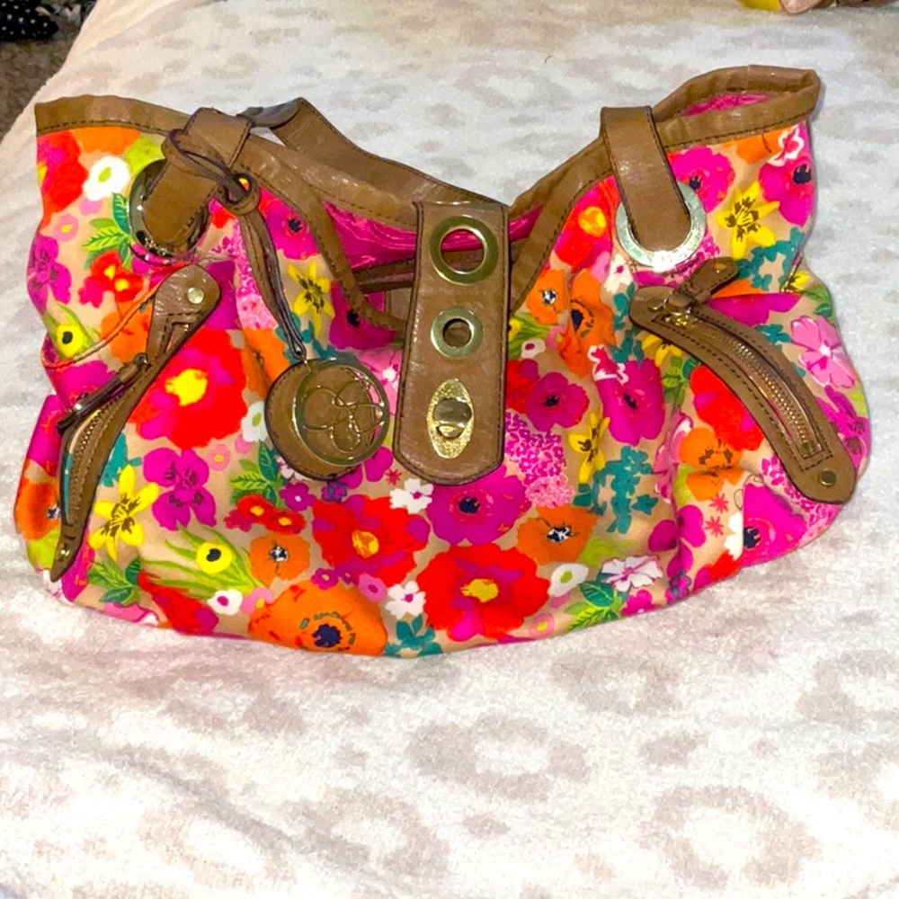 Jessica Simpson floral pink brown leather boho handbag purse.